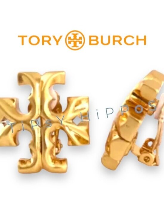 Tory Burch Roxanne Gold Logo Clip-On Earrings - Picture 1 of 5